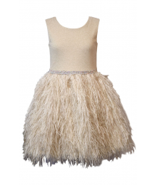 AVAILABLE ONLY  AFTER DEC 12 2025 , Bonnie Jean Sleeveless Ivory Metallic Knit to Lurex Jacquard Sparkling Waist Trim Faux Feather Party Dress 
